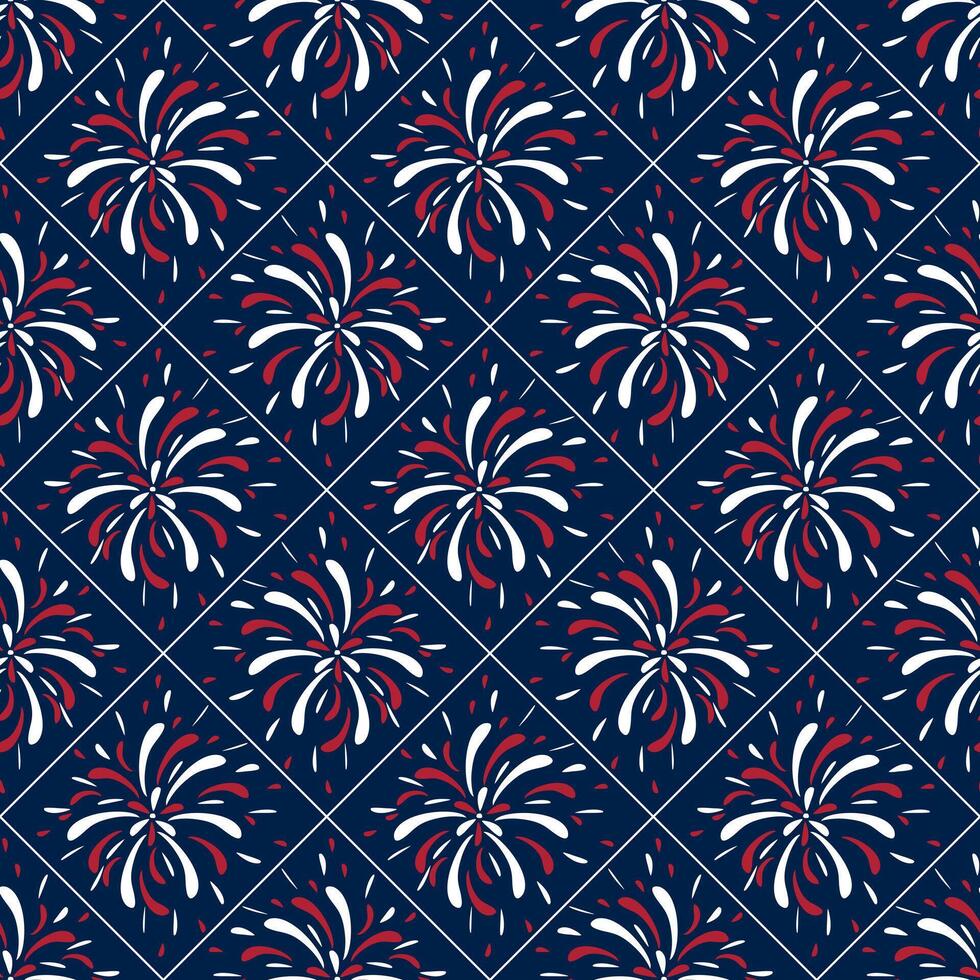 A seamless pattern featuring stylized fireworks in red, white, and blue on a dark navy background. The design is geometric and symmetrical, suitable for festive occasions. vector