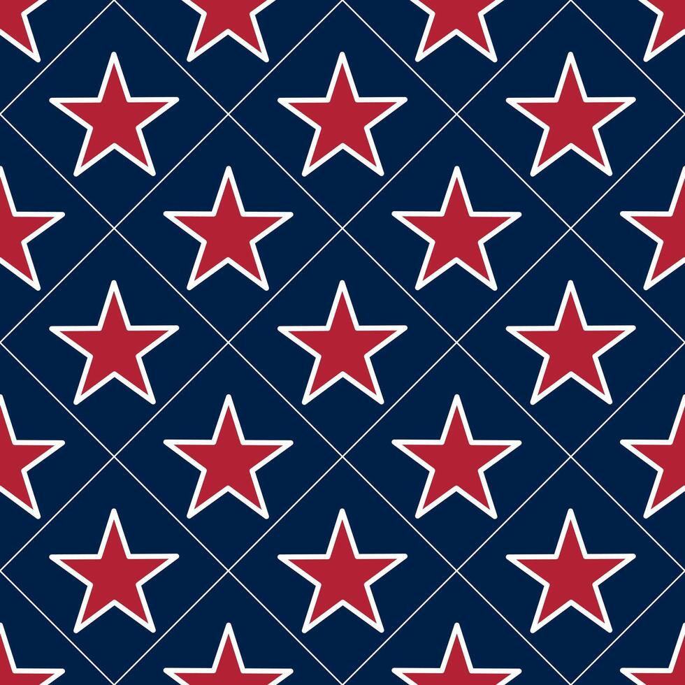 A repeating pattern of red stars outlined in white on a dark blue background, creating a bold and patriotic design. vector