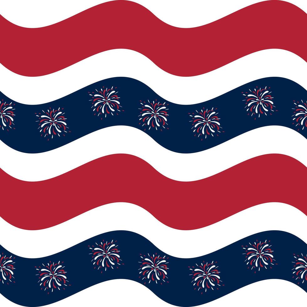 A festive pattern featuring alternating red and white wavy stripes with navy blue sections adorned with colorful fireworks. Ideal for patriotic themes and celebrations. vector