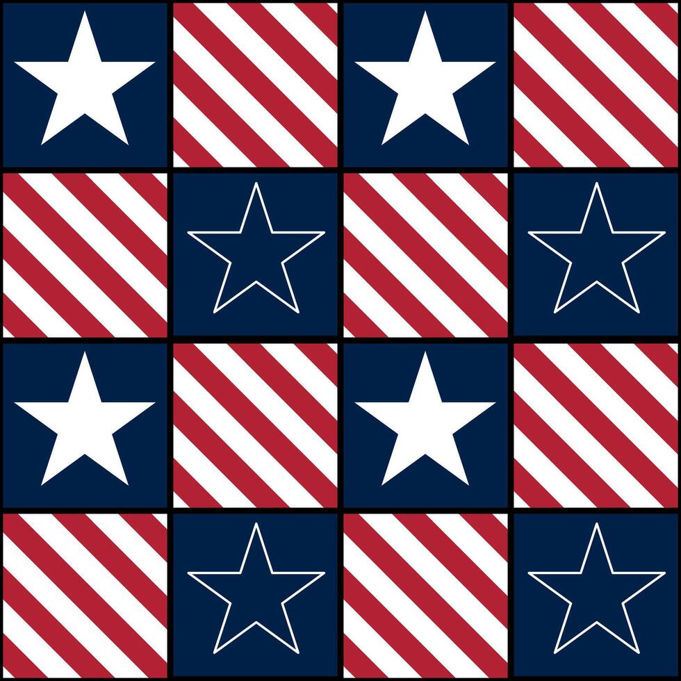 A repeating pattern featuring red and white stripes with blue squares containing white stars. The design is reminiscent of patriotic themes, suitable for festive occasions. vector