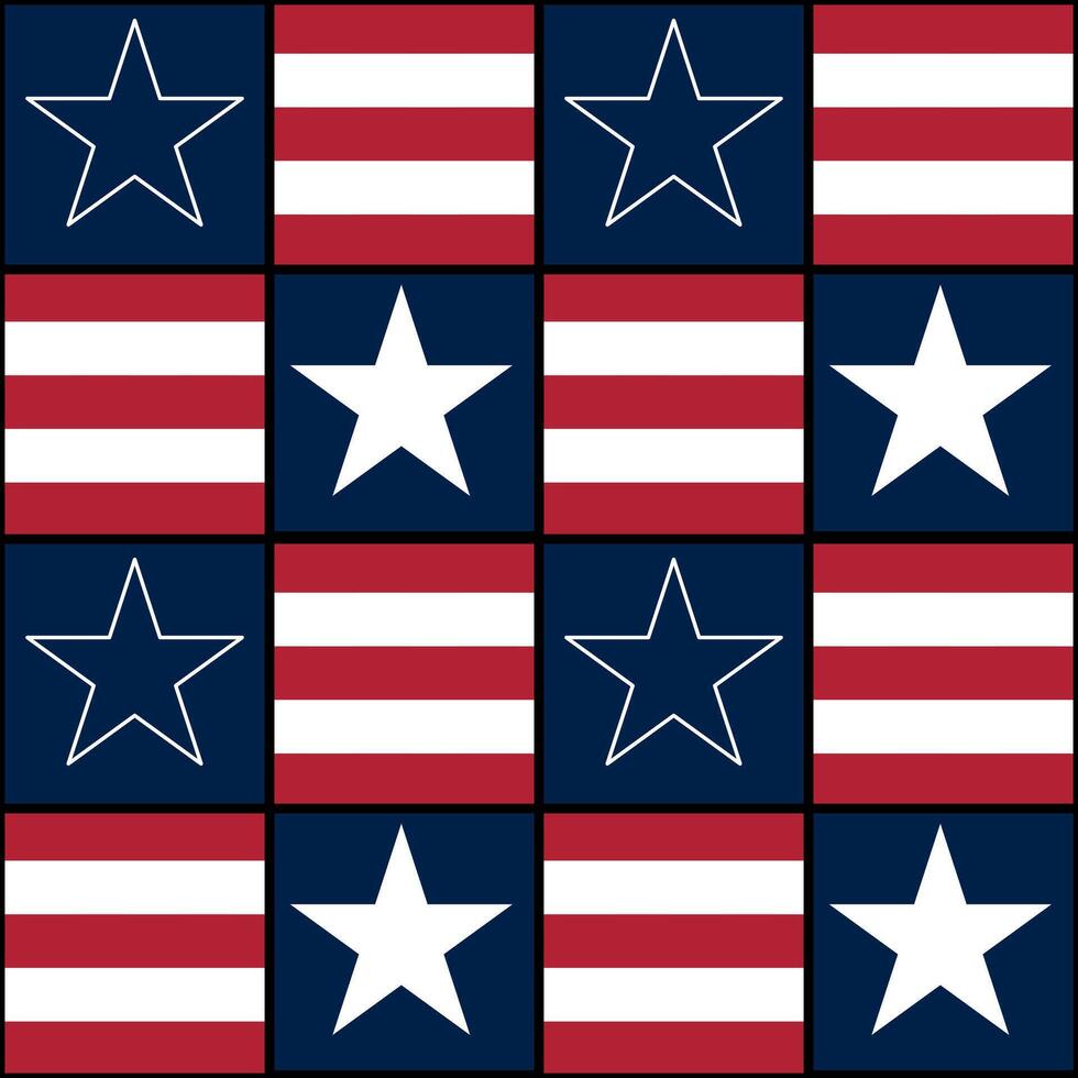A repeating pattern of stars and stripes, featuring alternating blocks of red and white stripes with blue backgrounds and white stars. Ideal for patriotic themes. vector