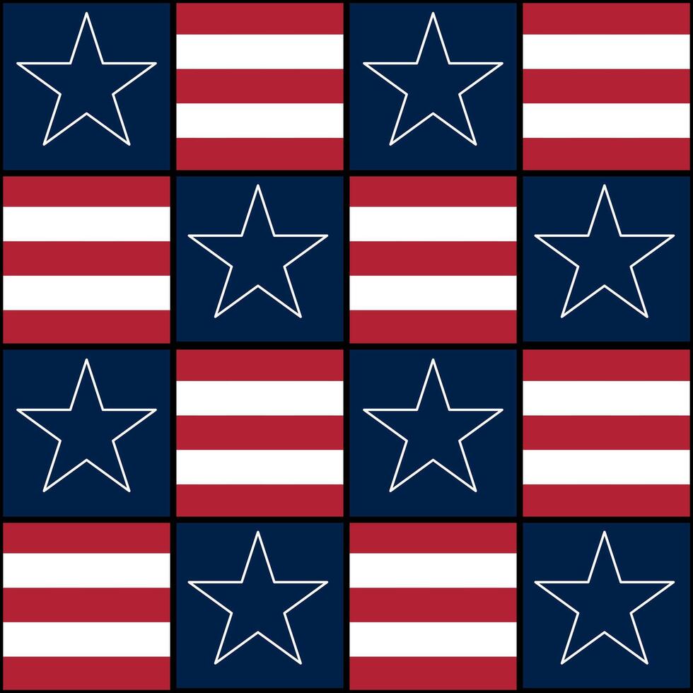 A repeating pattern of stars and stripes, featuring red and white stripes with blue backgrounds and outlined stars. Ideal for patriotic themes, textiles, or decorations. vector