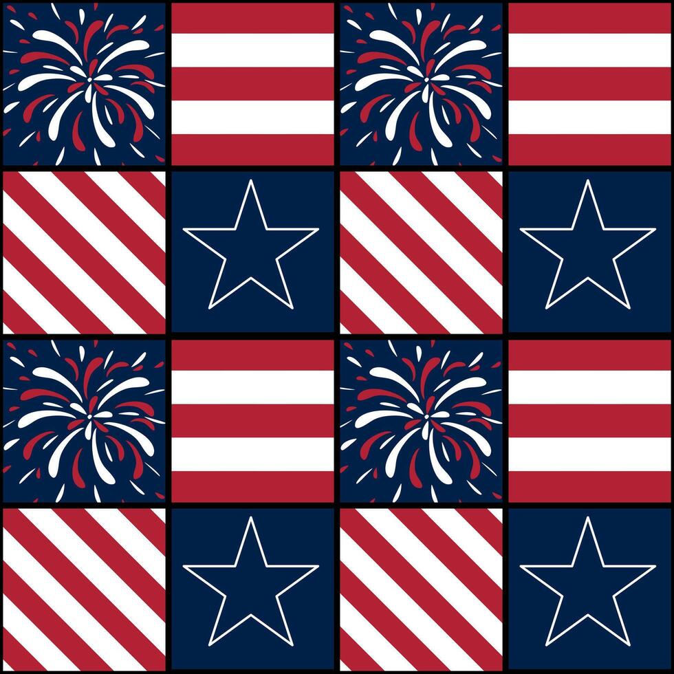 A patterned design featuring alternating squares with red, white, and blue elements. Some squares display fireworks, while others feature stars and stripes, evoking a festive, patriotic theme. vector