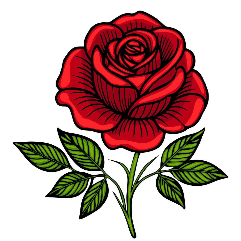 A vibrant red rose with detailed petals and green leaves, showcasing a classic tattoo style. The rose is prominently displayed against a white background, emphasizing its beauty. vector