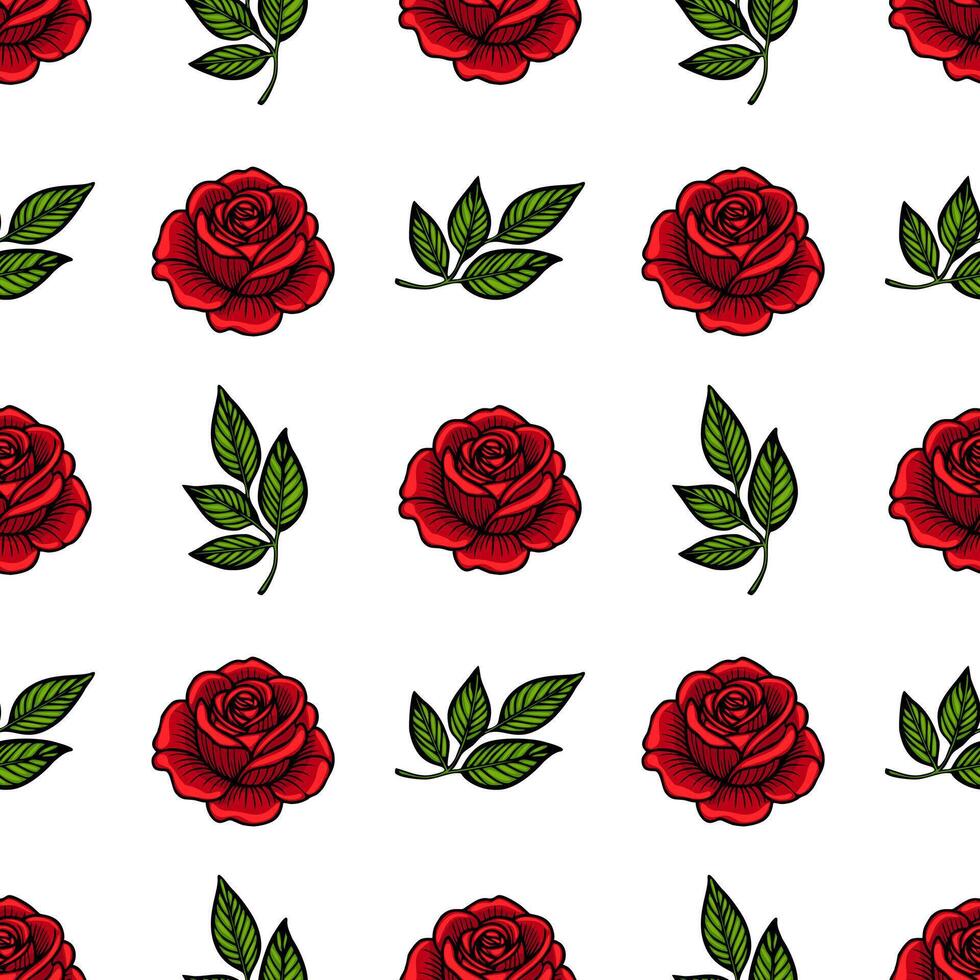 A seamless pattern featuring red roses and green leaves on a white background. The roses are detailed with petals and shading, while the leaves are vibrant and stylized. vector