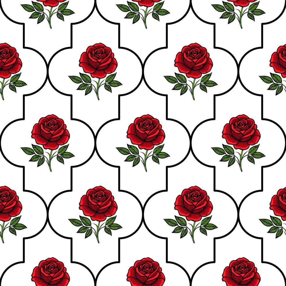 A seamless pattern featuring red roses with green leaves on a white background, framed by black outlines in an elegant design. vector