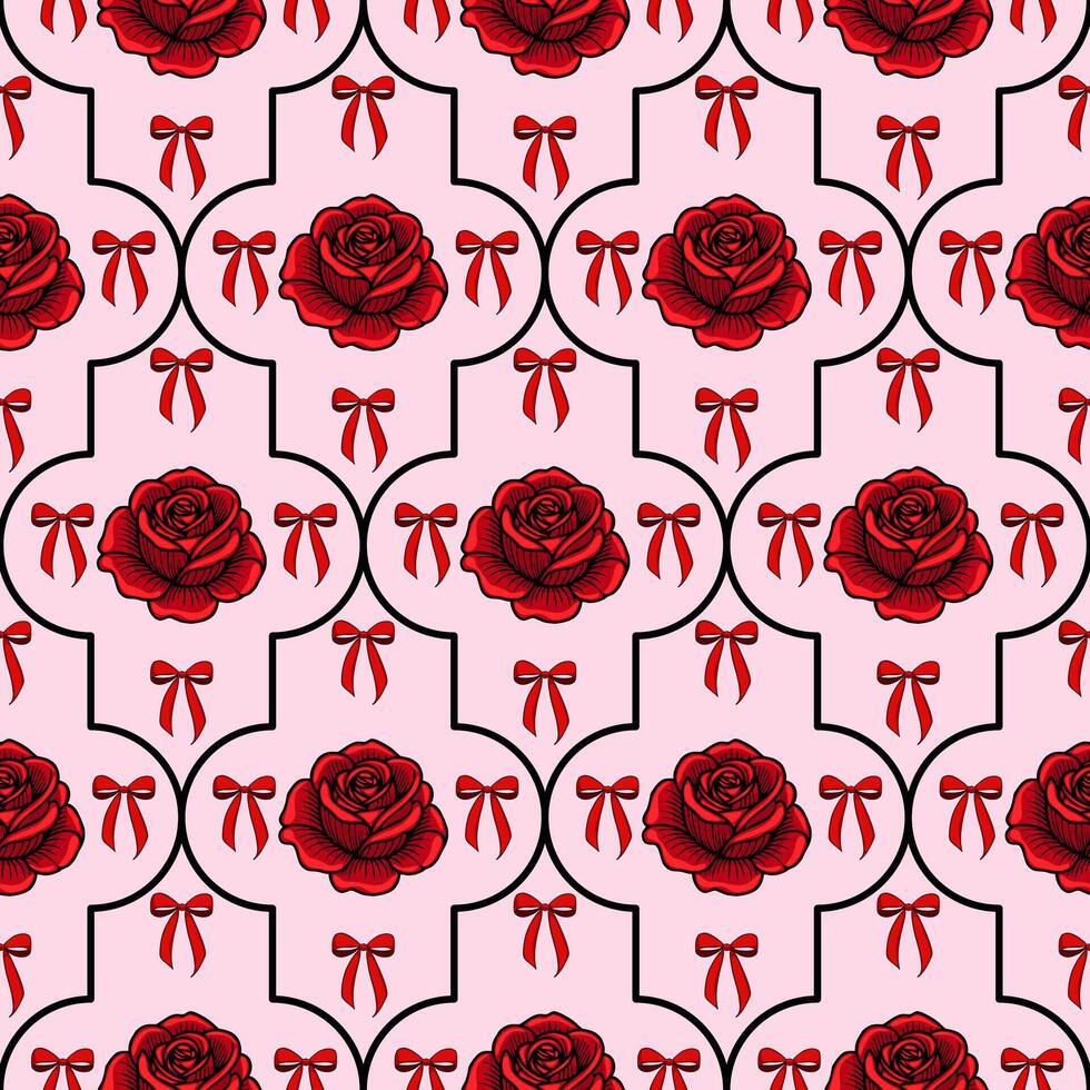 A seamless pattern featuring red roses and bows on a soft pink background. The design is intricate, with black outlines enhancing the floral and ribbon motifs. vector
