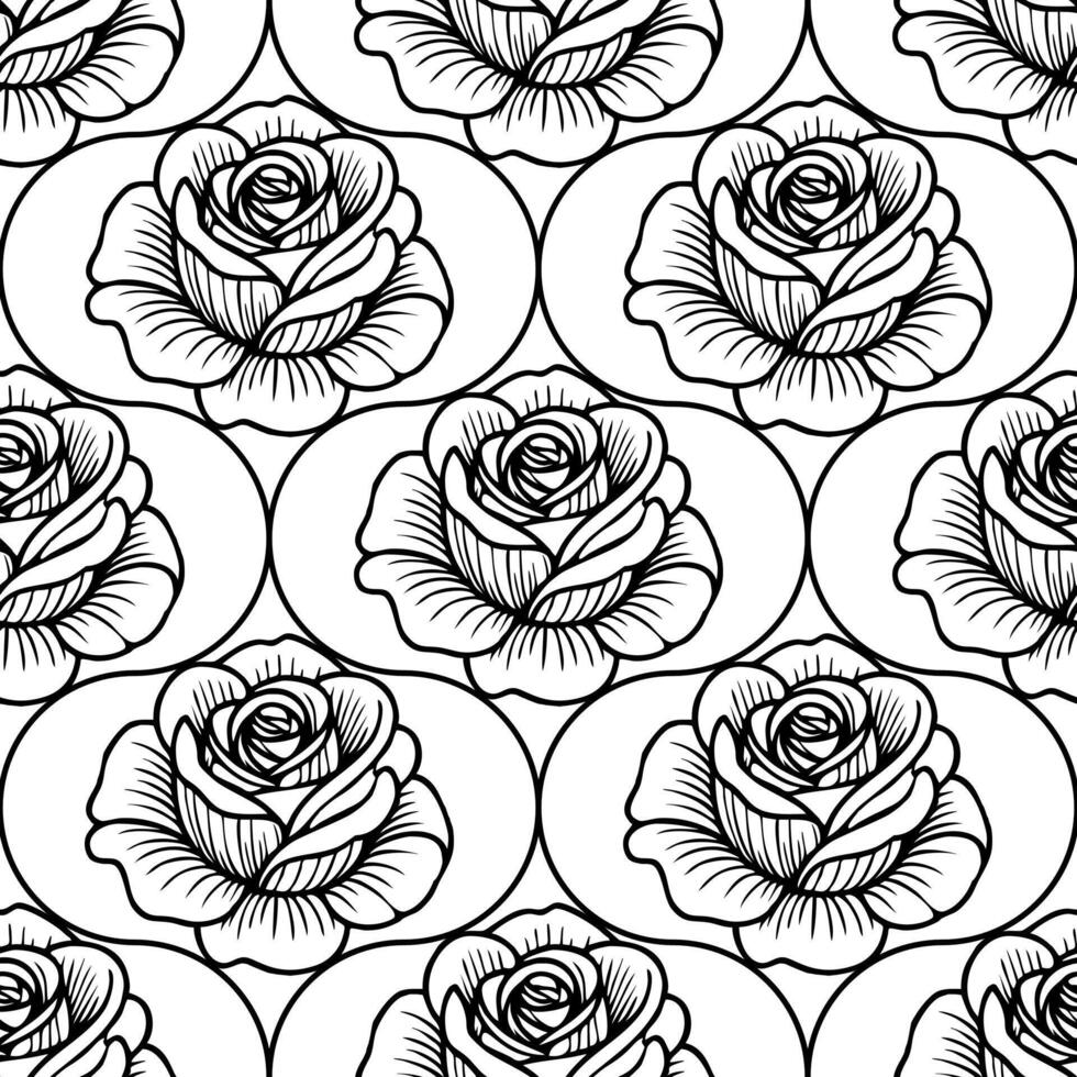 A seamless pattern featuring intricately drawn roses in black and white. Each rose is placed within an oval shape, creating a repeating floral design suitable for various applications. vector