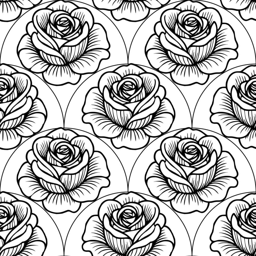 A seamless pattern featuring intricately drawn roses in black and white. The design showcases a repetitive arrangement of blooming roses, emphasizing their detailed petals and leaves. vector
