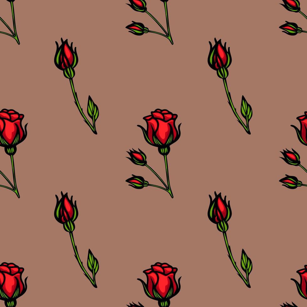 A seamless pattern featuring red roses and rose buds on a brown background. The design showcases a mix of fully bloomed roses and smaller buds, creating a vibrant floral motif. vector