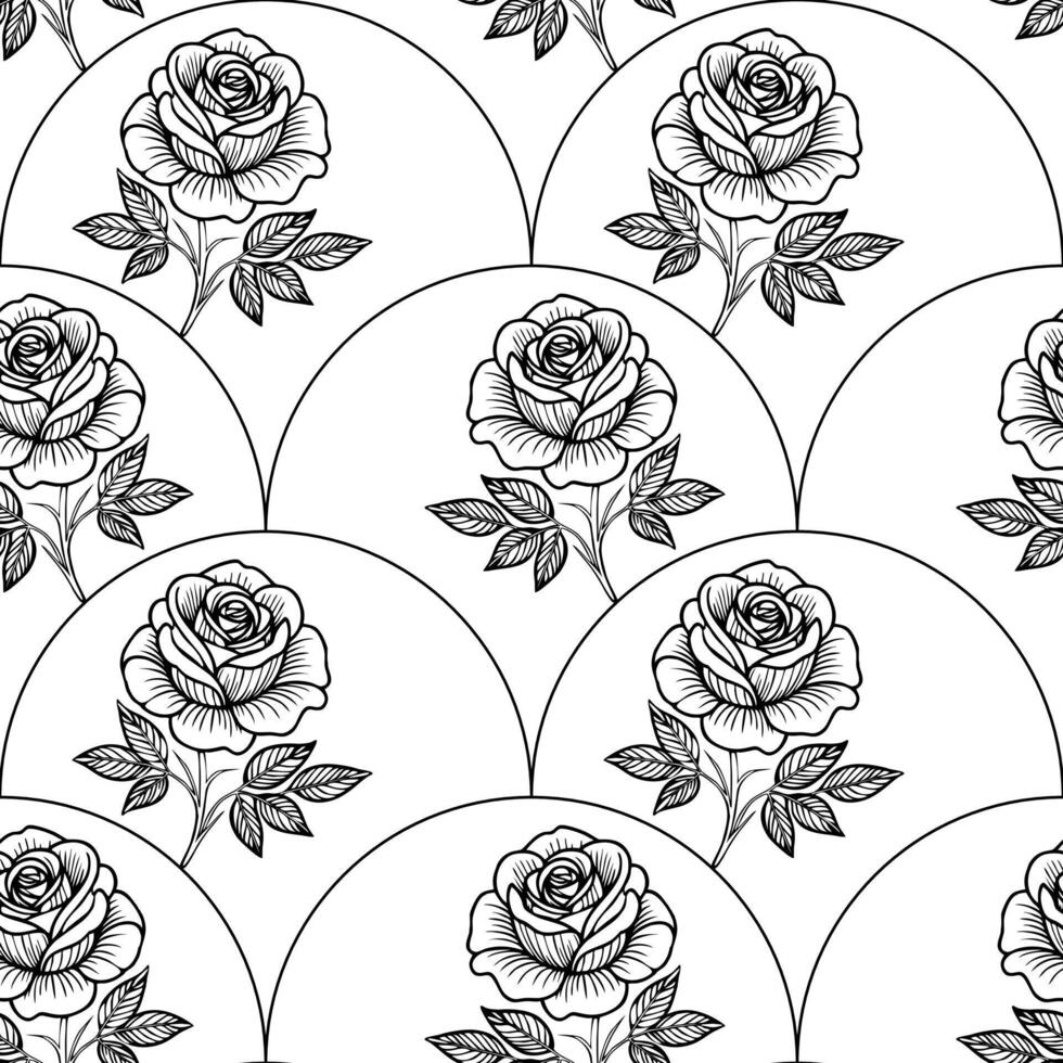 A seamless pattern featuring hand-drawn roses with leaves, arranged in a circular design on a white background. The roses are outlined in black, creating a classic and elegant look. vector