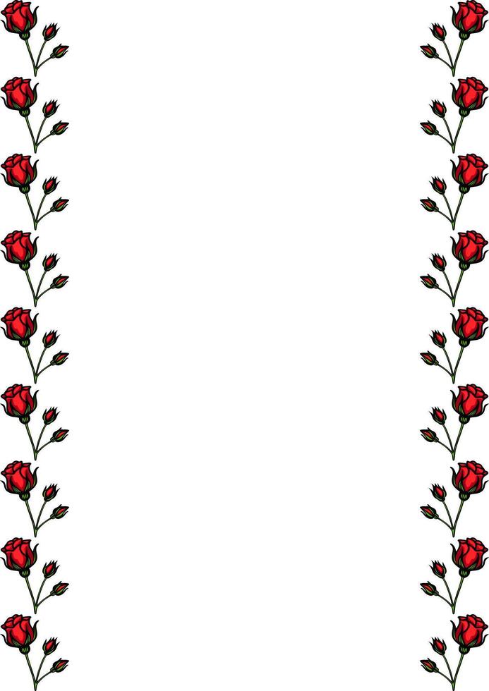 A decorative border featuring red roses and green leaves on a white background, creating a romantic and elegant frame. vector