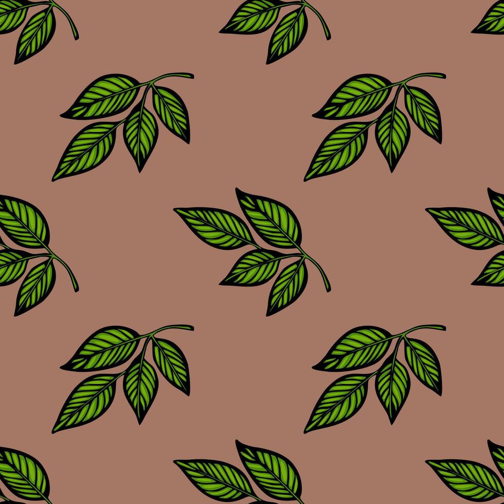 A seamless pattern featuring green leaves on a brown background. The leaves are illustrated with fine details and a bold outline, creating a vibrant and organic feel. vector