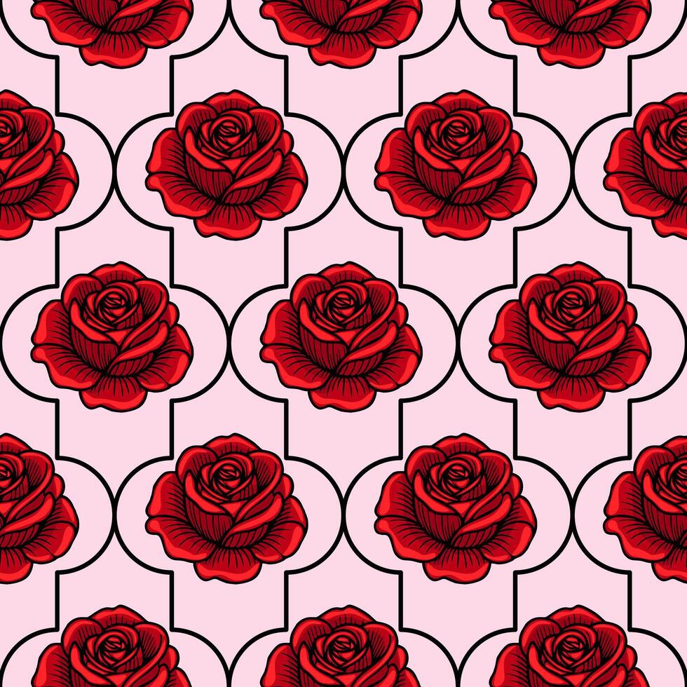 A seamless pattern featuring red roses on a soft pink background, framed by black outlines. The design is elegant and floral, suitable for textiles or wallpapers. vector
