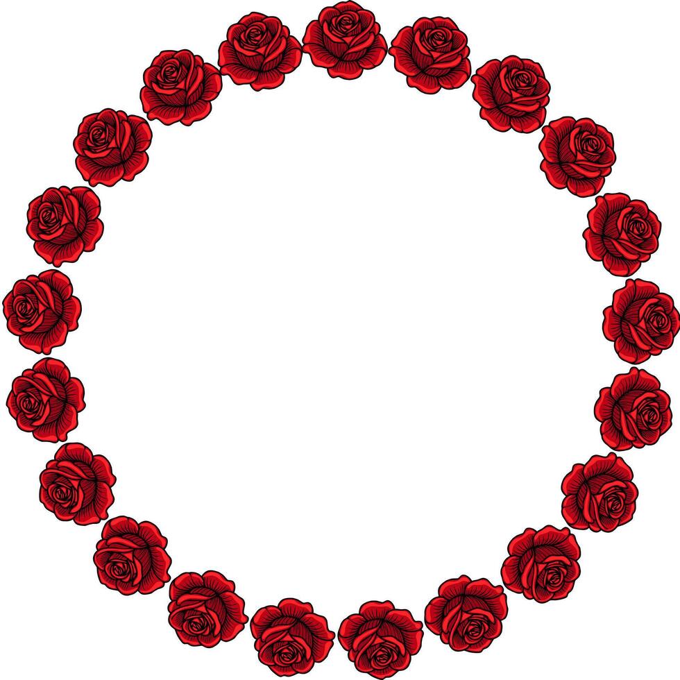 A circular arrangement of red roses, creating a floral frame. The roses are detailed and vibrant, set against a white background, ideal for invitations or decorative purposes. vector