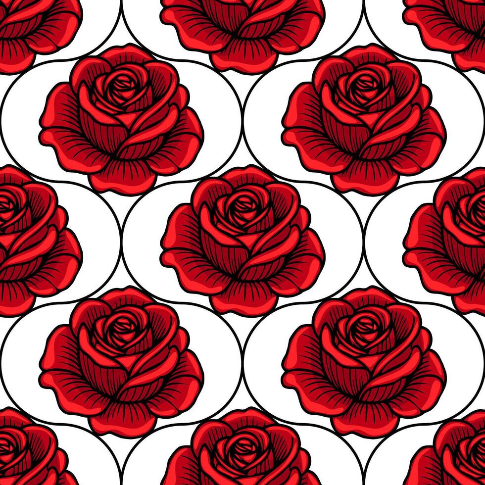 A seamless pattern featuring red roses on a white background, with intricate detailing and a bold black outline. The design is elegant and suitable for various decorative uses. vector