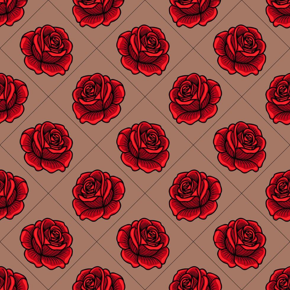 A seamless pattern featuring red roses on a beige background, arranged in a grid layout. The roses are intricately detailed with bold outlines, creating a striking visual effect. vector