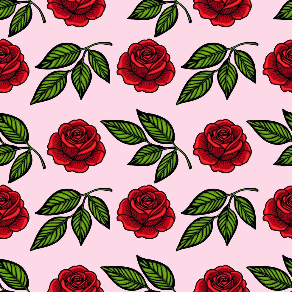 A seamless pattern featuring vibrant red roses and green leaves on a soft pink background. The design is bold and eye-catching, perfect for textiles or wallpapers. vector