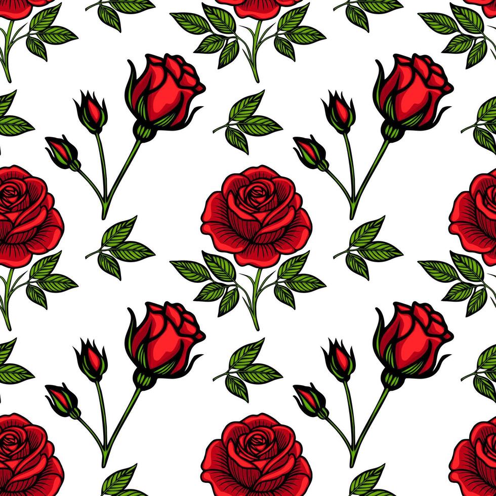 A seamless pattern featuring vibrant red roses and green leaves on a white background. The design showcases various stages of rose blooms and buds, creating a lively floral motif. vector