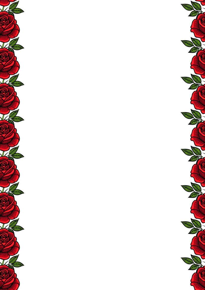 A decorative border featuring vibrant red roses with green leaves on a white background, creating an elegant and romantic frame. vector