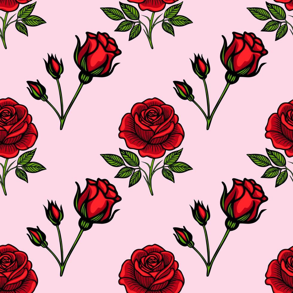 A seamless pattern featuring vibrant red roses and rosebuds on a soft pink background. The roses are intricately detailed with green leaves, creating a romantic and elegant design. vector