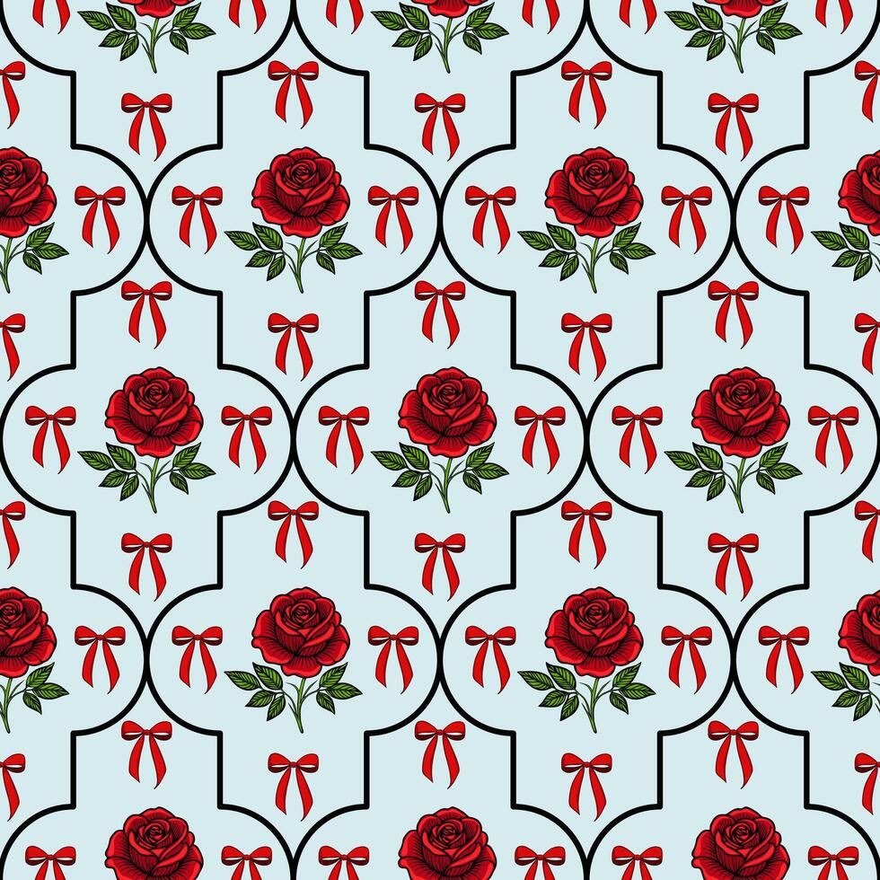 A seamless floral pattern featuring red roses and bows on a light blue background. The design is intricate, with black outlines creating a decorative grid. vector