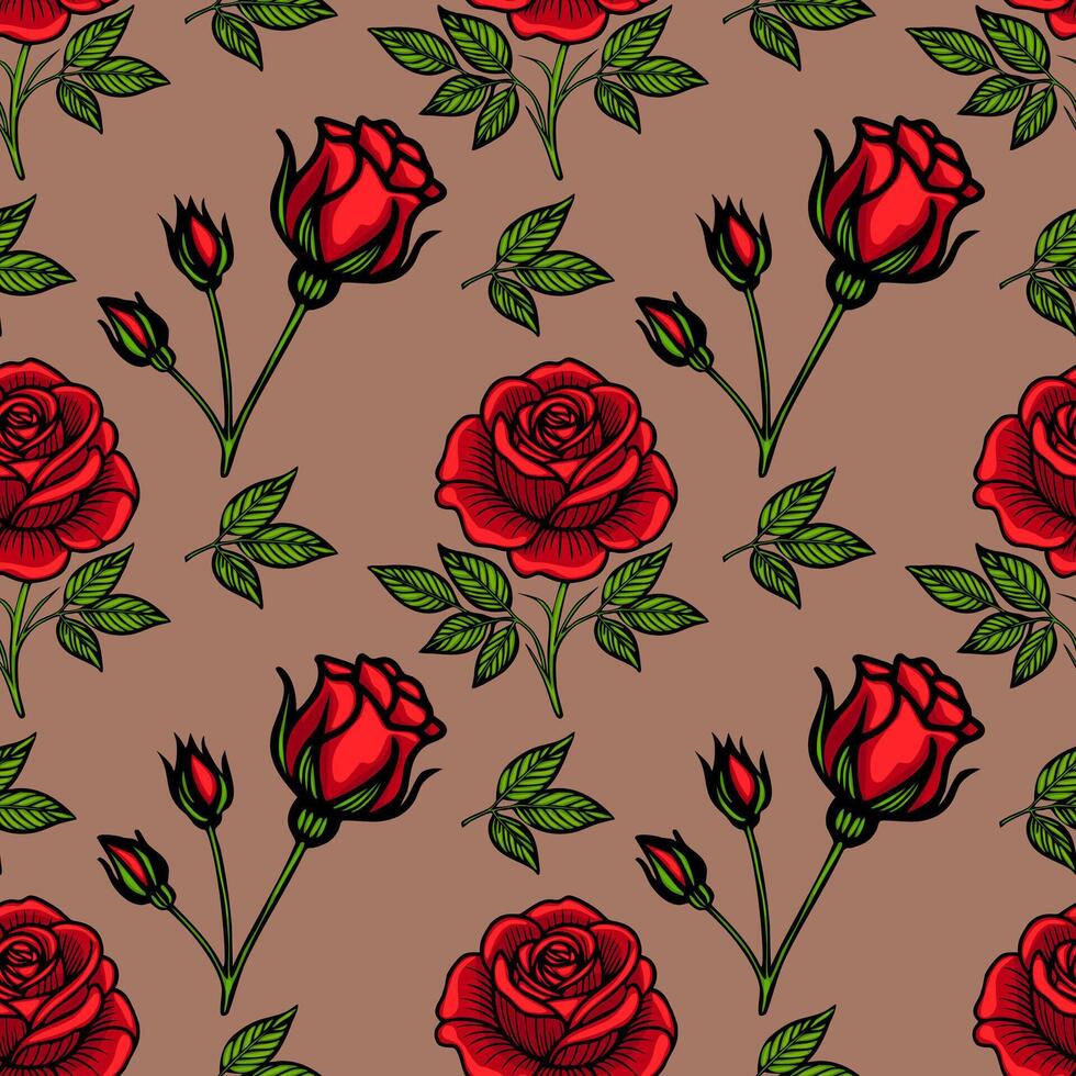 A seamless pattern featuring vibrant red roses and green leaves on a brown background. The design showcases various stages of rose blooms and buds, creating a lively floral motif. vector