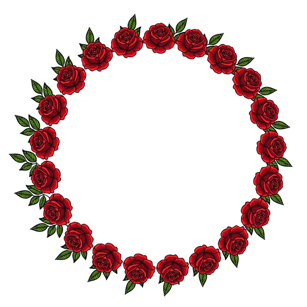 A circular frame made of vibrant red roses and green leaves, ideal for decorative purposes or invitations. vector
