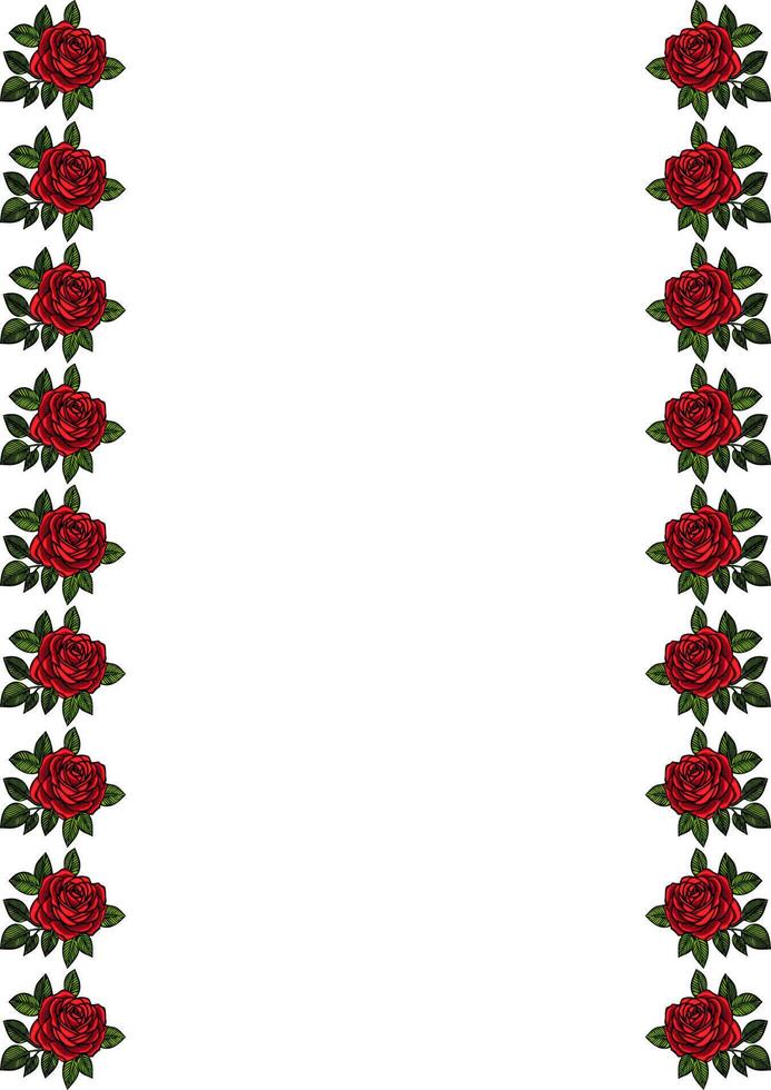A decorative border featuring vibrant red roses with green leaves on a white background. The roses are arranged symmetrically on both sides, creating an elegant frame. vector