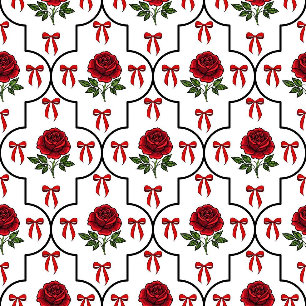 A seamless pattern featuring red roses with green leaves and red bows on a white background. The design is framed with black outlines, creating a classic and elegant look. vector