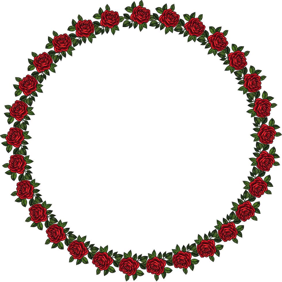 A circular frame made of red roses and green leaves, creating a floral border. The center is empty, perfect for adding text or images. vector