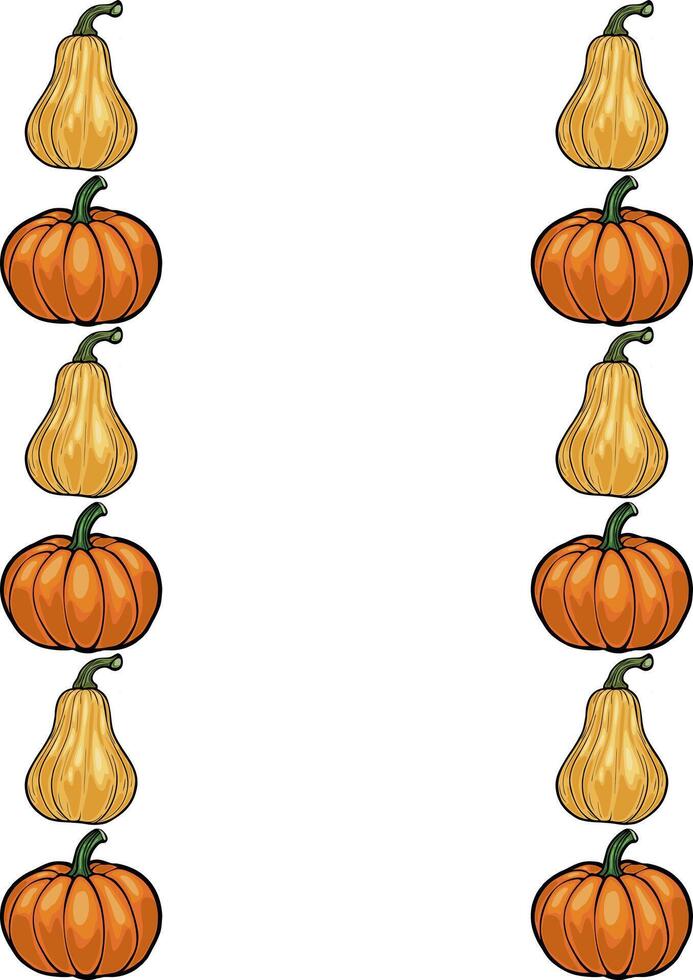 A vertical arrangement of illustrated pumpkins and gourds, featuring alternating yellow gourds and orange pumpkins on a white background. vector