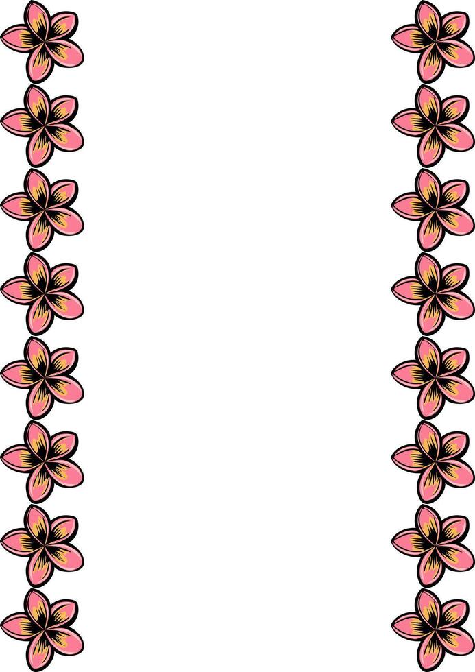 A decorative border featuring pink flowers with black outlines on a white background. The flowers are arranged vertically along both sides, creating a symmetrical design. vector