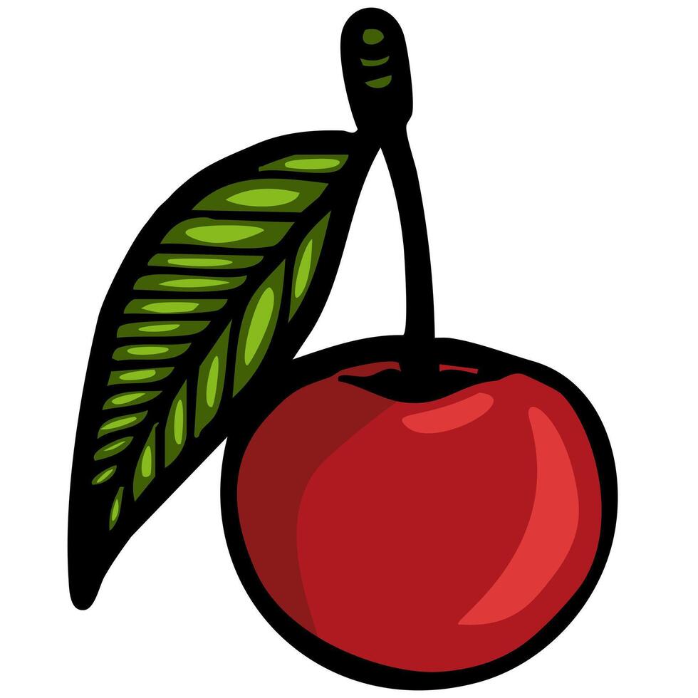 A vibrant, cartoon-style illustration of a cherry with a green leaf. The cherry is bright red and glossy, showcasing a playful and cheerful design. vector