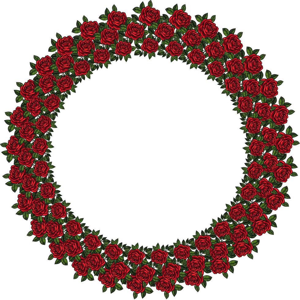A circular wreath made of vibrant red roses and green leaves, creating a decorative frame. The background is white, emphasizing the floral design. vector