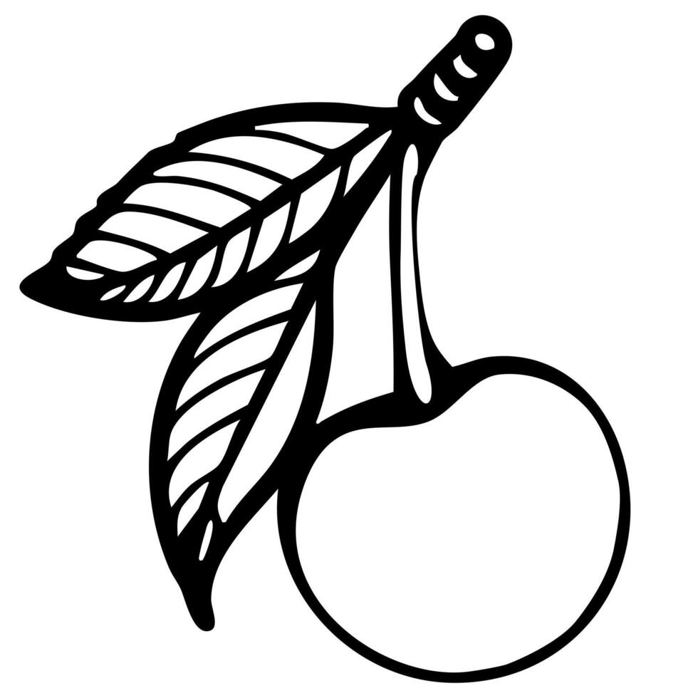 A simple black and white illustration of a fruit with two leaves attached to its stem. vector