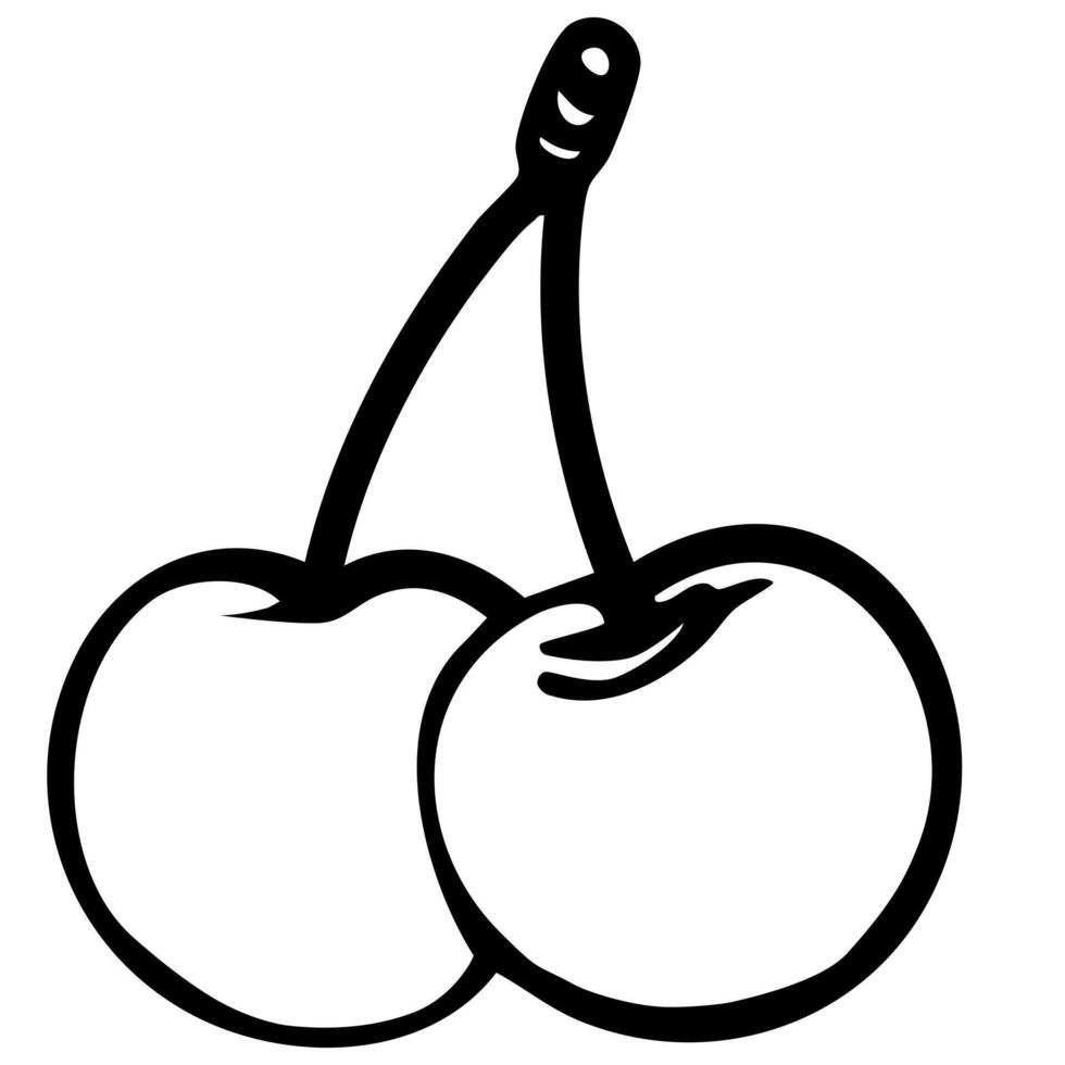 A simple black and white illustration of two cherries connected by their stems, featuring a clean and minimalistic design. vector