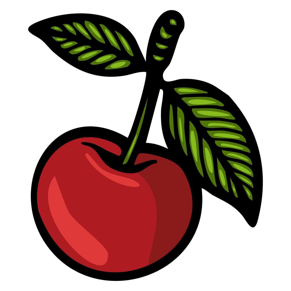 A vibrant red cherry with a green leaf, illustrated in a cartoon style. The cherry has a glossy finish, showcasing its round shape and stem. vector