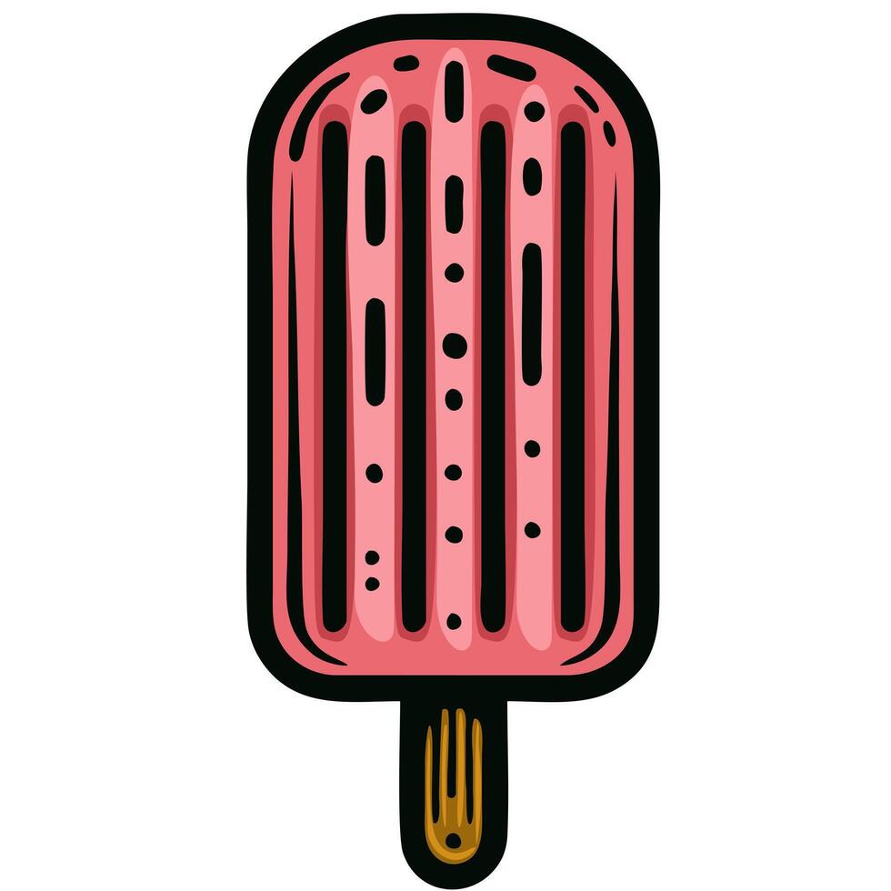 A colorful illustration of a popsicle with a pink hue and a wooden stick. The popsicle features a textured surface with vertical lines and small dots, giving it a fun and playful appearance. vector