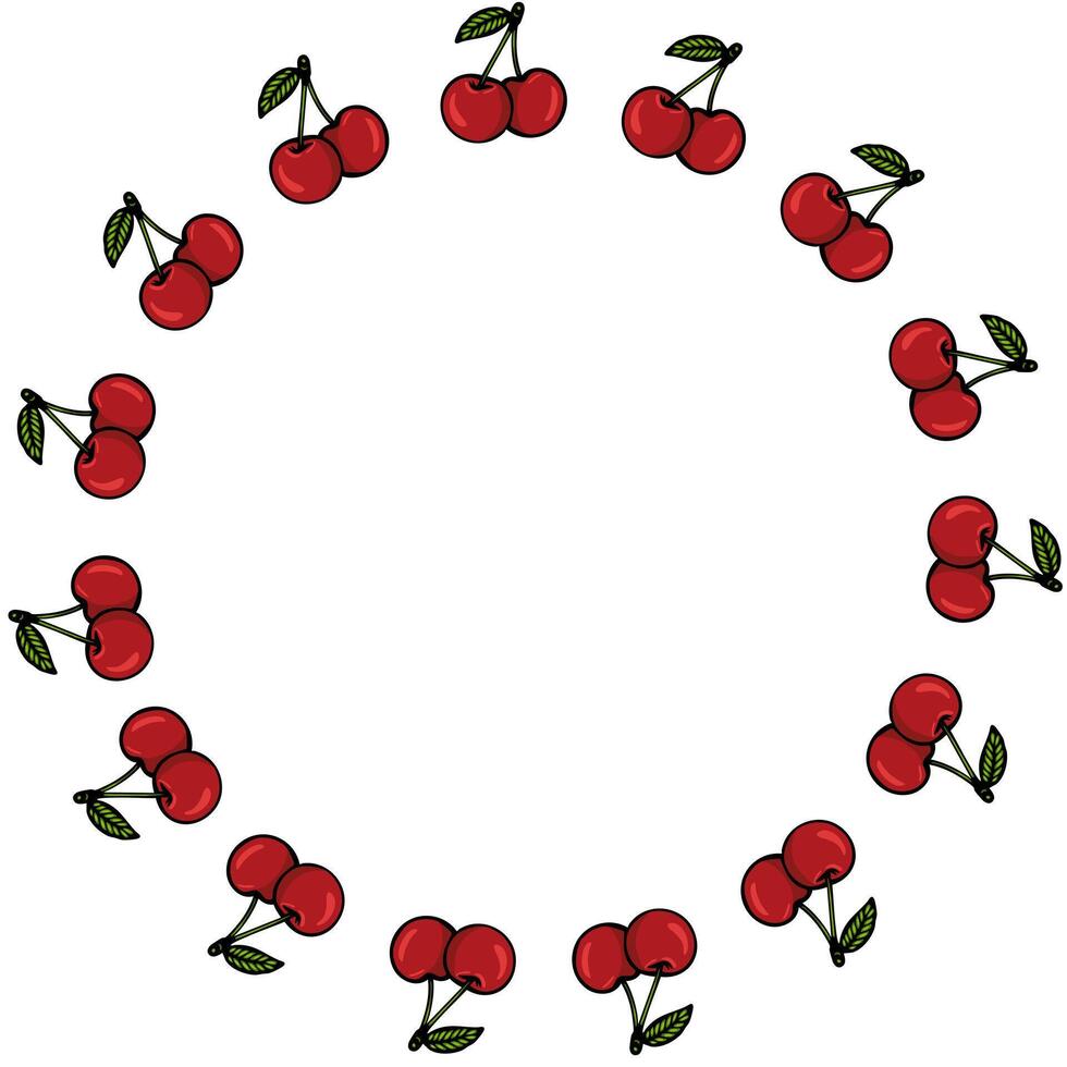 A circular arrangement of red cherries with green leaves, creating a decorative border. The cherries are evenly spaced and vibrant against a white background. vector
