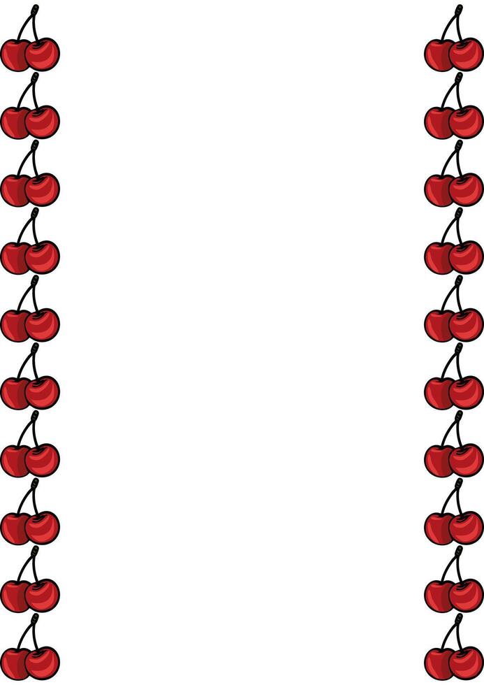 A decorative border featuring red cherries on a white background, arranged vertically on both sides. vector