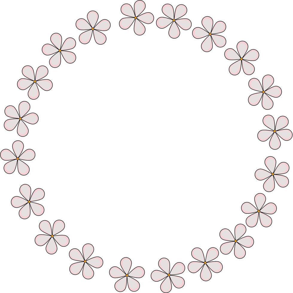 A circular arrangement of delicate flowers with pale pink petals and green centers, creating a soft and elegant floral frame. vector