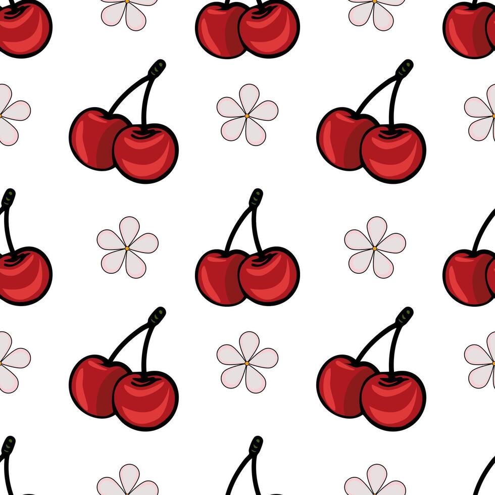 A seamless pattern featuring red cherries and simple flower outlines on a white background. The cherries are depicted in pairs with green stems, creating a playful and vibrant design. vector