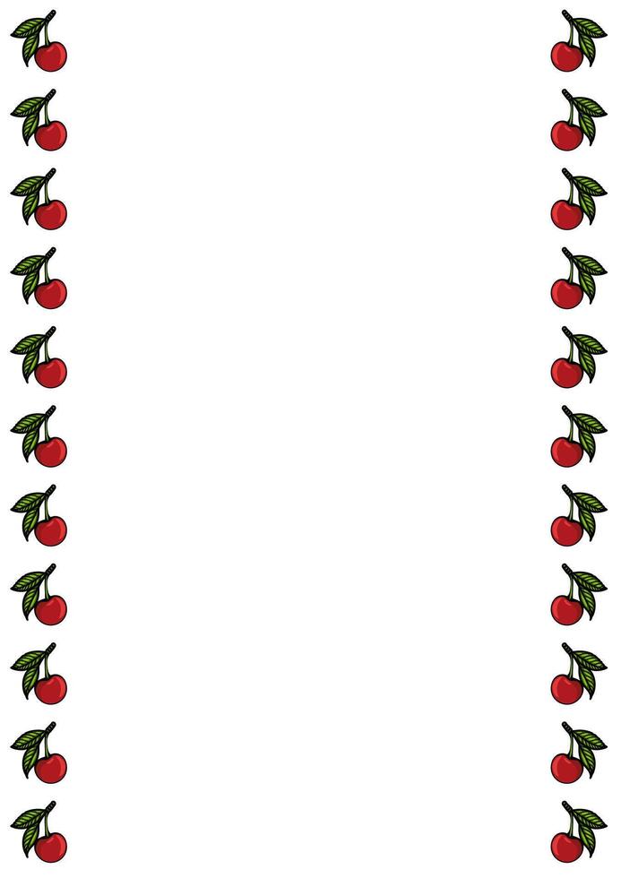 A decorative border featuring red cherries with green leaves, arranged vertically on both sides of a blank white background, creating a fresh and vibrant frame. vector