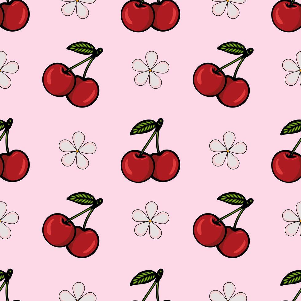 A seamless pattern featuring red cherries with green leaves on a light pink background, interspersed with white flower outlines. vector