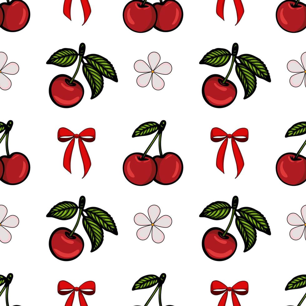A seamless pattern featuring cherries, green leaves, and red bows on a white background. The design includes single and paired cherries, along with decorative elements like flowers and ribbons. vector