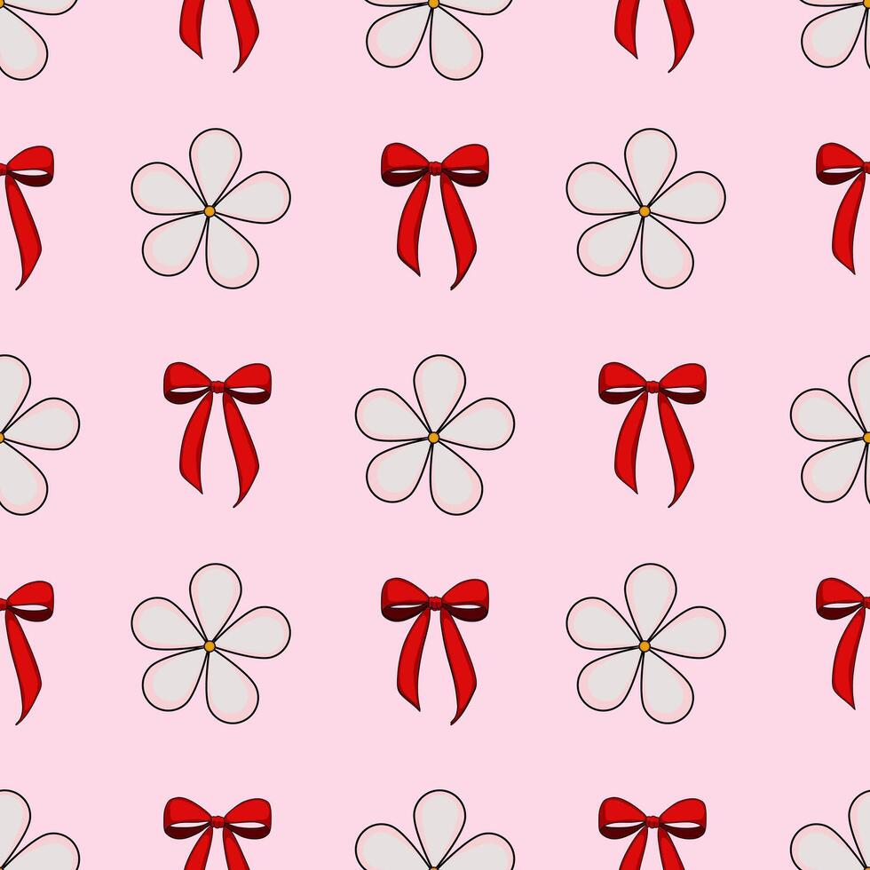 A seamless pattern featuring white flowers and red bows on a pink background. The flowers have a simple design with a yellow center, while the bows are tied neatly. vector