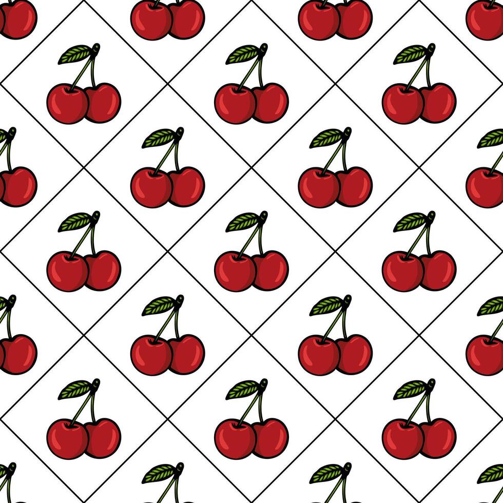 A seamless pattern featuring red cherries with green leaves on a white background, arranged in a diamond grid layout. vector