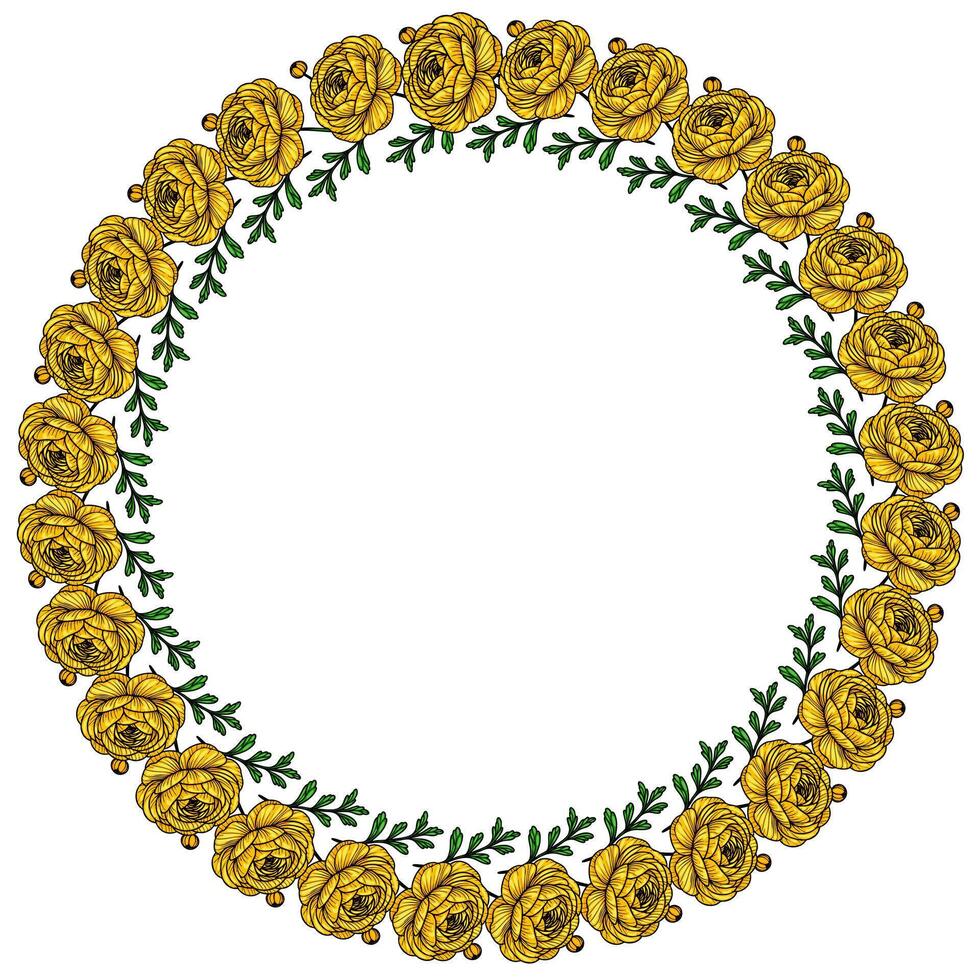 A circular floral frame featuring yellow roses and green leaves, designed for decorative purposes. The arrangement is symmetrical and vibrant, ideal for invitations or greeting cards. vector