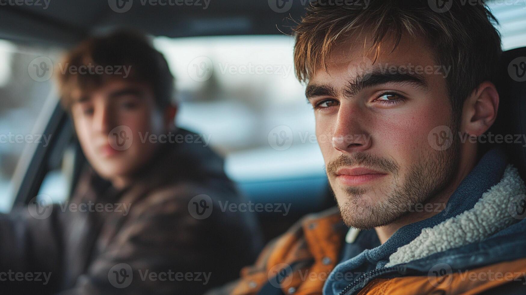 Two young men sitting in the back seat of a car photo